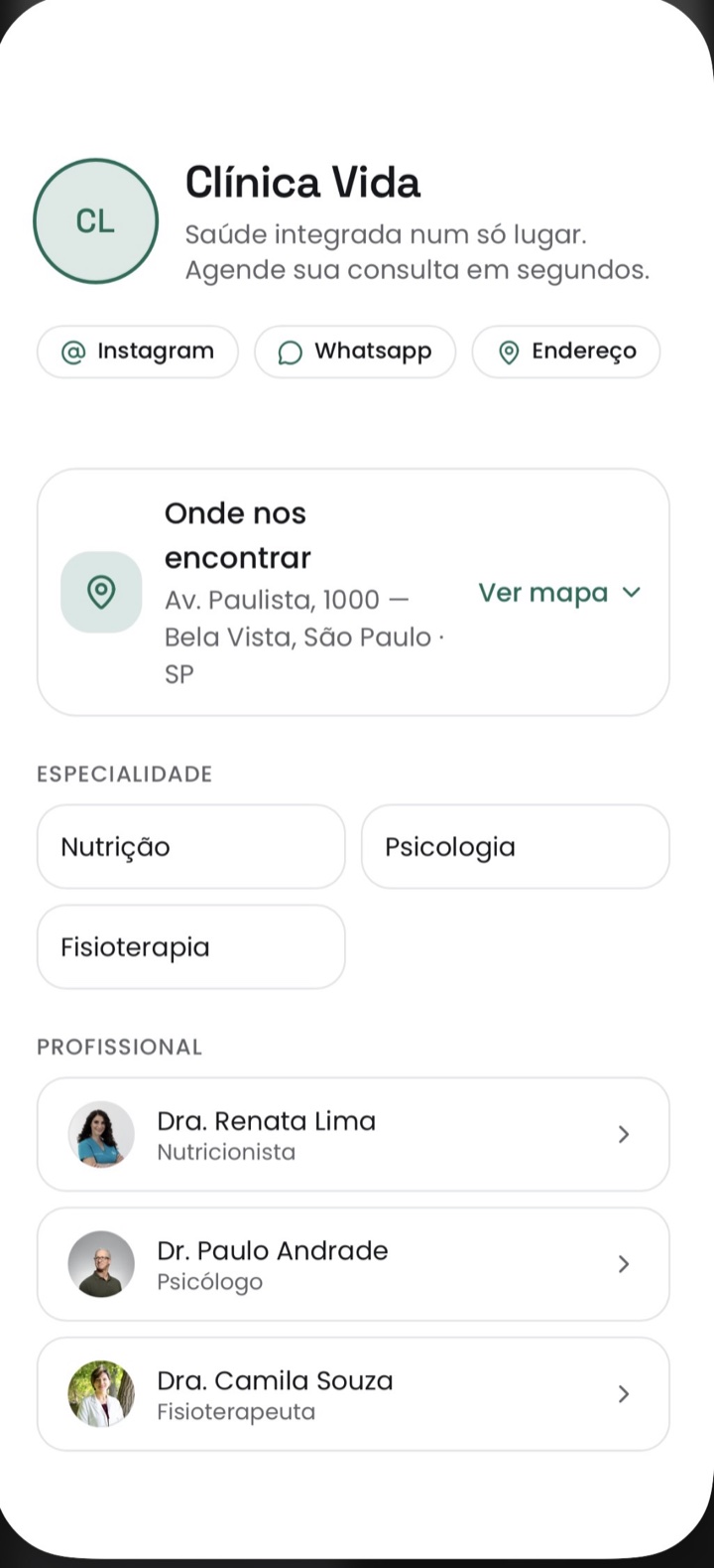 Vitrine da Clínica Vida: especialidades, profissionais e agendamento