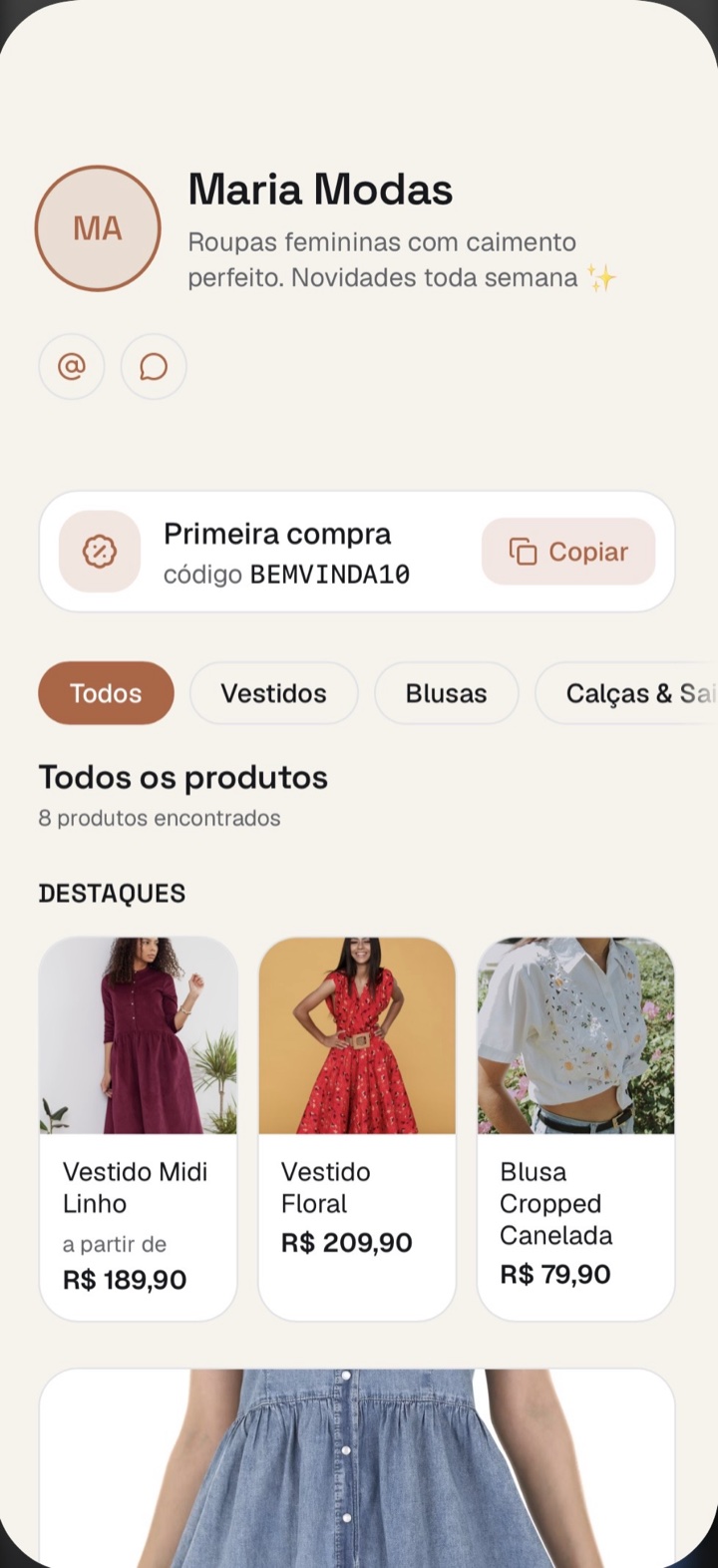 Vitrine da Maria Modas: catálogo de produtos com cupom e preços