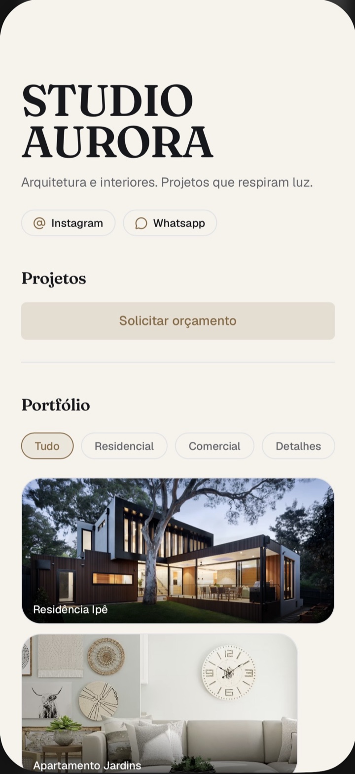 Vitrine do Studio Aurora: portfólio de arquitetura com orçamento